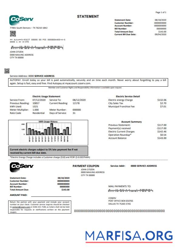 Realistic USA Texas CoServ utility bill template in Word and PDF format